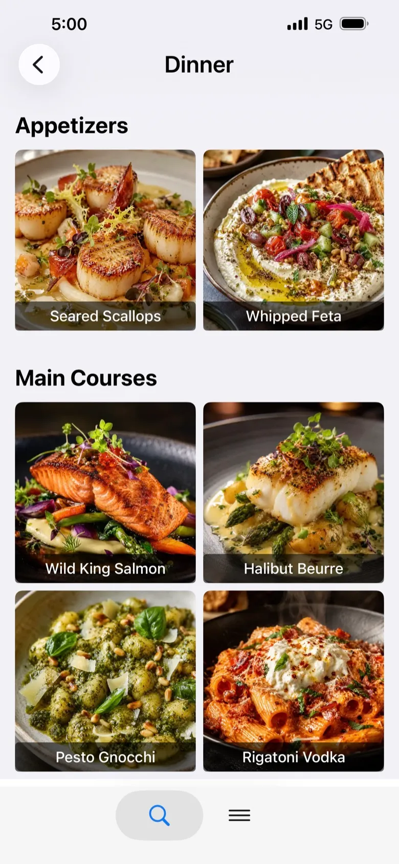 The Tasteful app showing a restaurant's dinner menu with dish photos