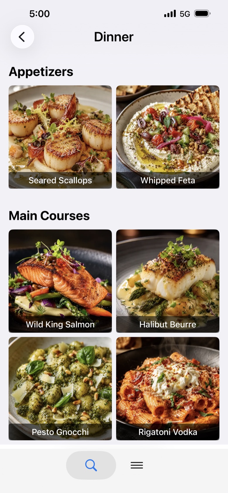 The Tasteful app showing a restaurant's dinner menu with dish photos